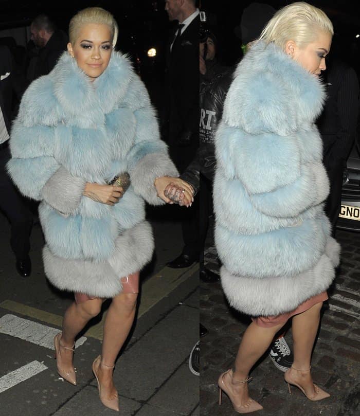 Rita Ora styled her latex dress with a fur coat to attend the Mert & Marcus House of Love party for Madonna