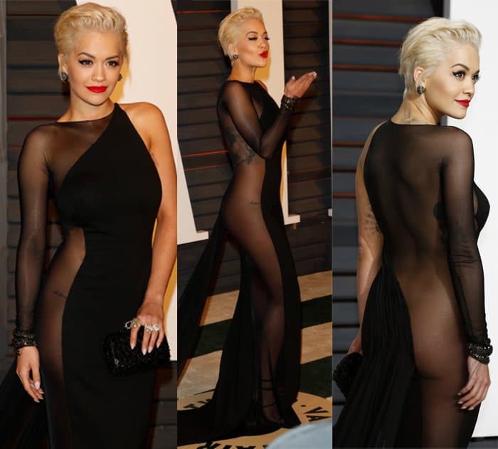 Rita Ora in a custom Donna Karan Atelier black gown with layers of chiffon strategically placed to cover certain areas at the 2015 Vanity Fair Oscar Party