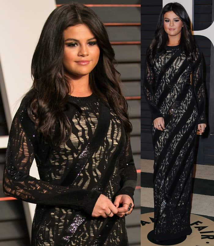 Selena Gomez opted for a stunning black Louis Vuitton gown adorned with metallic prints and diagonal stripes at the 2015 Vanity Fair Oscar Party following the 2015 Oscars