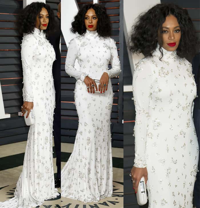 Singer Solange Knowles in a white Naeem Khan gown from the Fall 2015 collection at the 2015 Vanity Fair Oscar Party