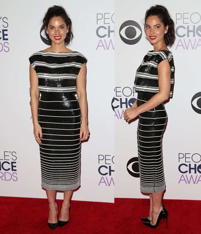 Olivia Munn in a sparkly black-and-white dress at the 41st Annual People's Choice Awards