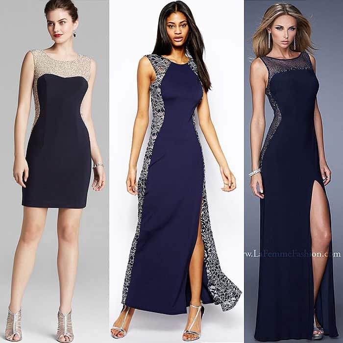 Aqua Beaded Matte-Jersey Illusion Dress / Lipsy Lace-Panel Maxi Dress / La Femme Embellished Sheer-Panel Jersey Evening Gown