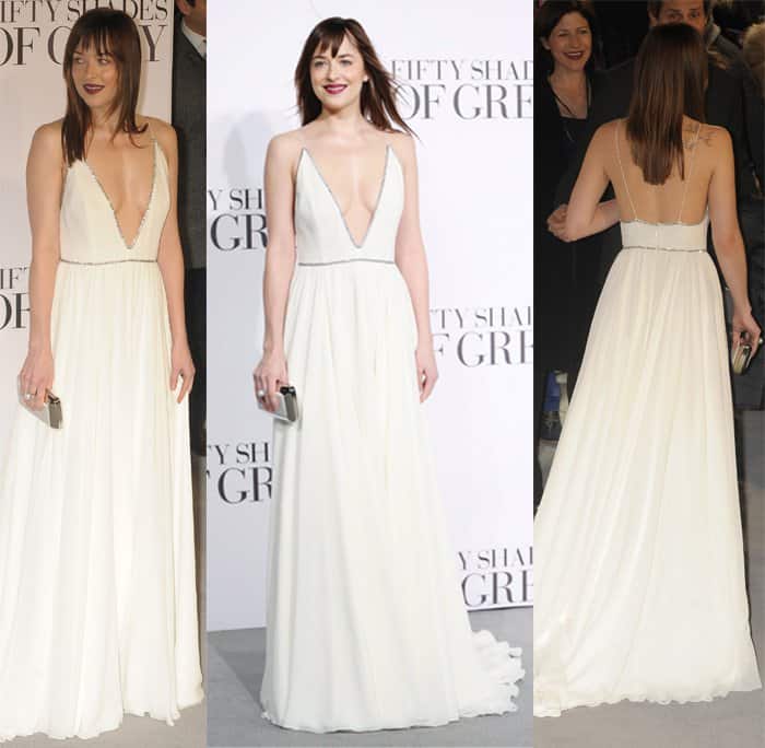 Dakota Johnson in a stunning Saint Laurent gown featuring a plunging neckline and delicate embellishments on the bodice at the UK Premiere of "Fifty Shades Of Grey"