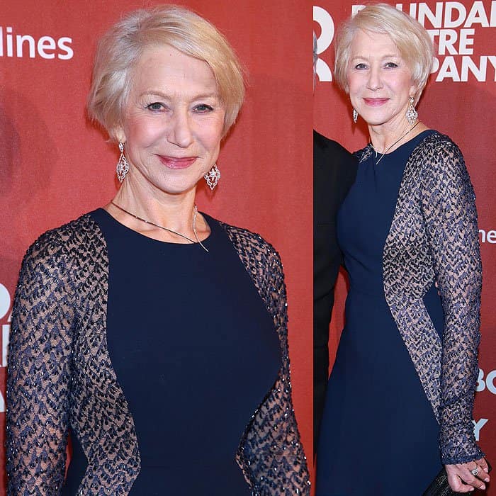 Helen Mirren in a midnight blue Carmen Marc Volvo Black Label gown with beaded sheer sides and sleeves