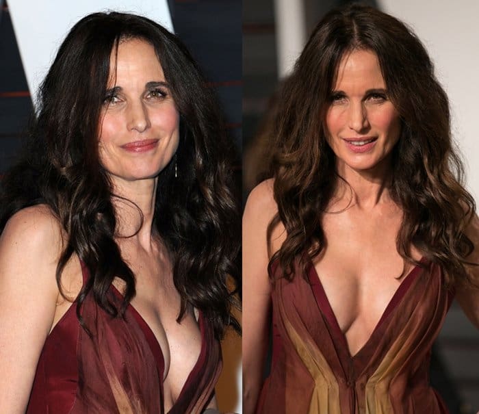 Andie MacDowell flaunts her boobs at the 2015 Vanity Fair Oscar Party