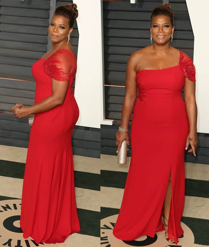 Queen Latifah shone on the red carpet wearing a stunning custom red one-shoulder gown by Edition by Georges Chakra