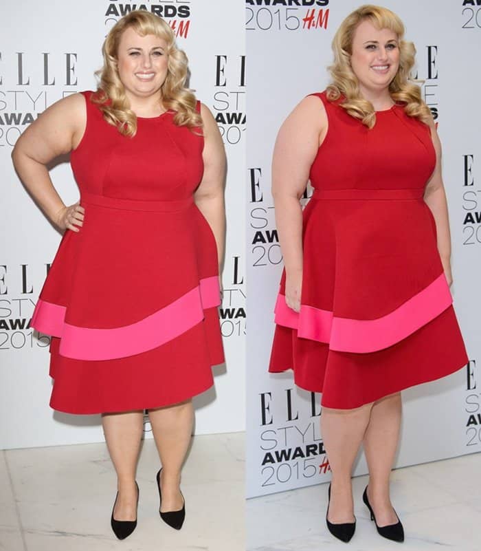 Rebel Wilson showed off her hourglass silhouette with a shell neckline and a cinched waist