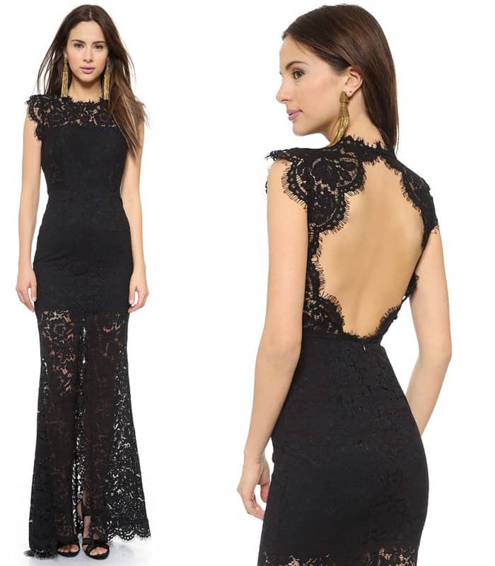 A sheer yoke and back cutout lend a bold touch to this elegant Rachel Zoe maxi dress in floral lace