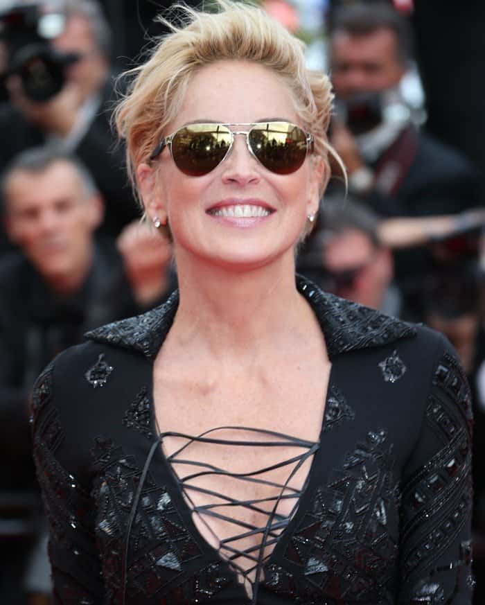 Sharon Stone's mirrored aviator sunglasses and bold choice of attire showed off her confidence and fashion sense