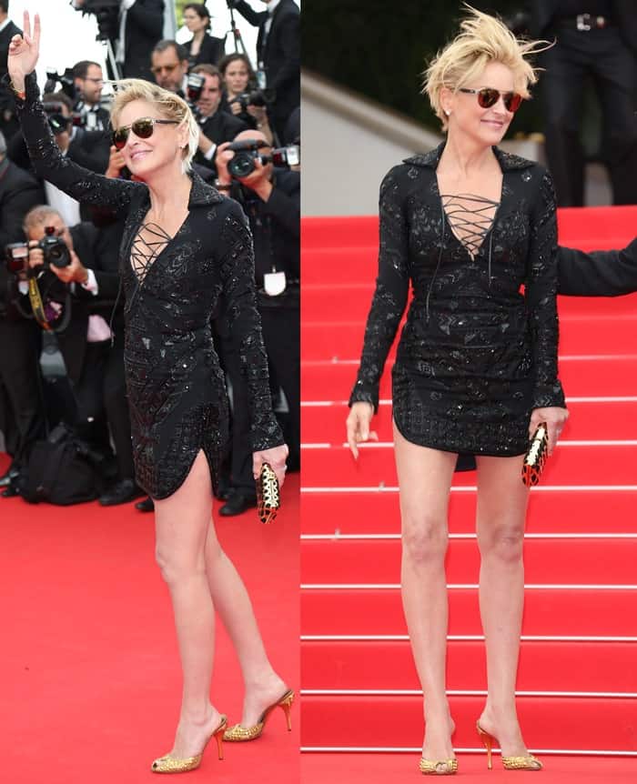Sharon Stone flaunts her legs in a black sequin-embellished Emilio Pucci dress accented with lace-up detailing at the "The Search"