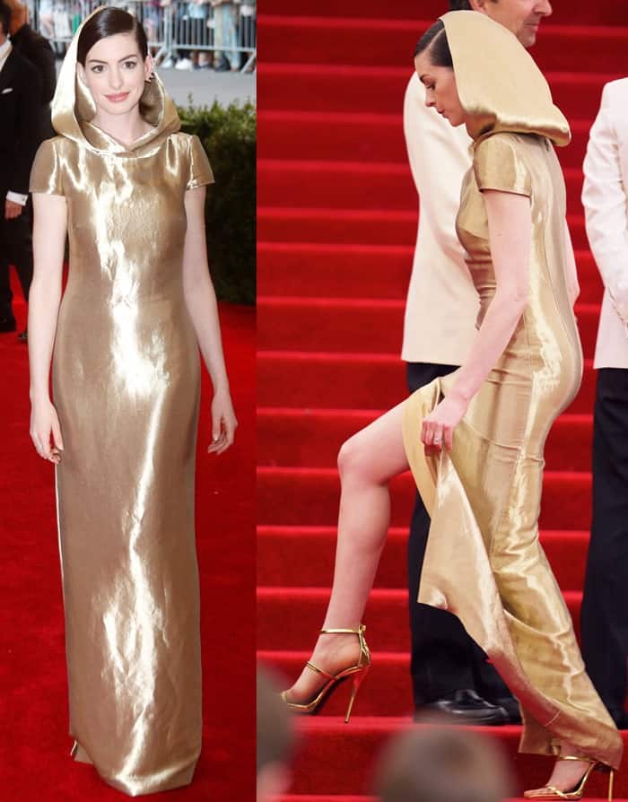 Anne Hathaway in a custom-designed gold lame hooded cap-sleeved column evening dress by Ralph Lauren Collection