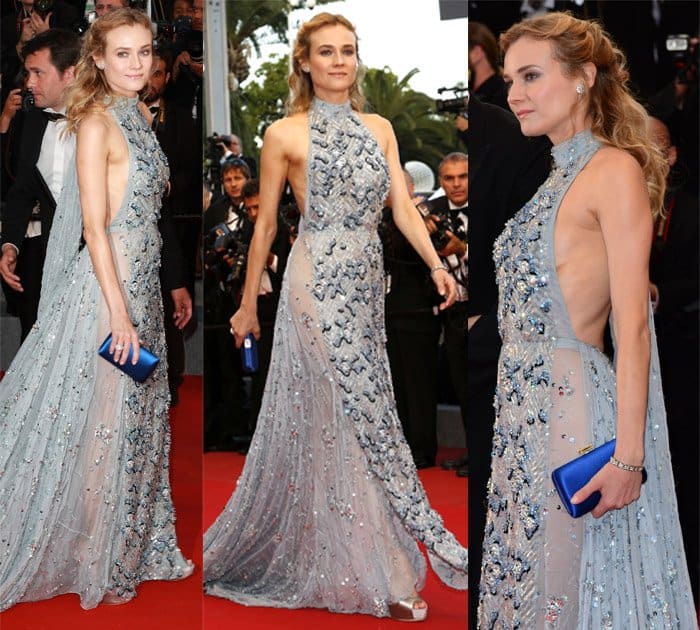 Diane Kruger didn't disappoint in a fully embellished Prada halter gown, which draped beautifully down her back in a cape-like form