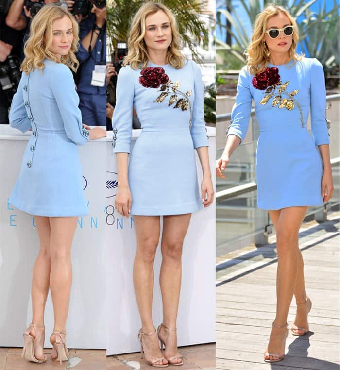 Diane Kruger attended the 'Maryland' photocall at the 68th annual Cannes Film Festival in a Dolce & Gabbana Fall 2015 mini dress, which featured an embellished rose and vintage-inspired buttons at the sleeves and back, styled with nude Jimmy Choo 'Minny' sandals, tousled waves, and a rose-pink lip