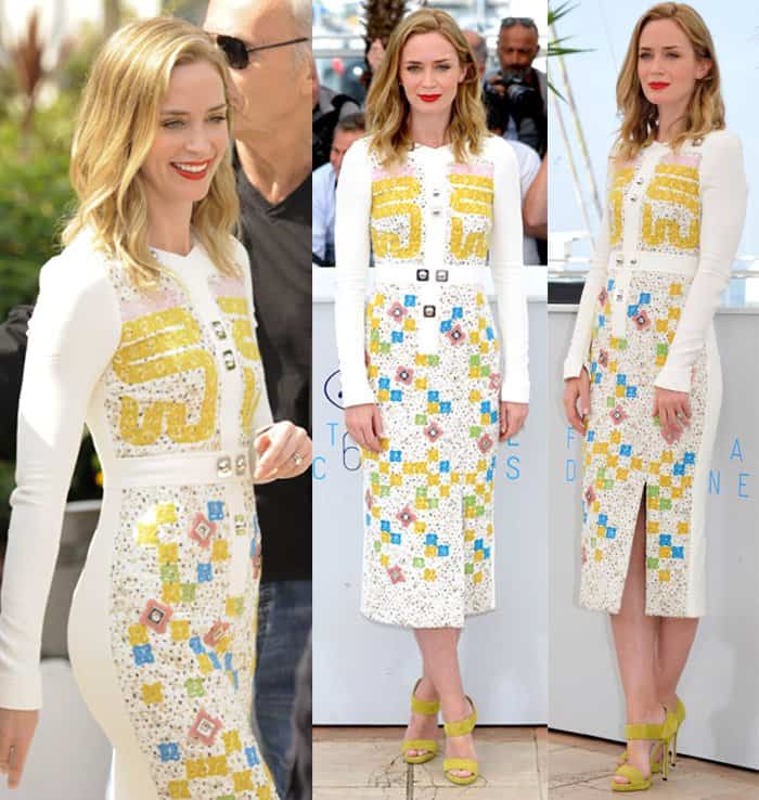 Emily Blunt made an appearance at the Cannes Film Festival for the 'Sicario' photocall in Cannes, France, wearing a Peter Pilotto Fall 2015 dress, mustard Jimmy Choo 'Private' sandals, Jacquie Aiche jewels, and a plump red lip, looking effortlessly elegant and charming