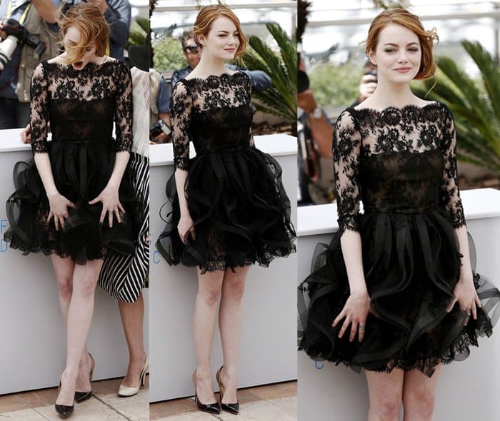 Emma Stone returned to the red carpet at the 68th annual Cannes Film Festival for the 'Irrational Man' photocall, wearing an Oscar de la Renta Pre-Fall 2015 lace frock with organza ruffles and patent leather degrade Christian Louboutin 'Pigalle Follies' pumps
