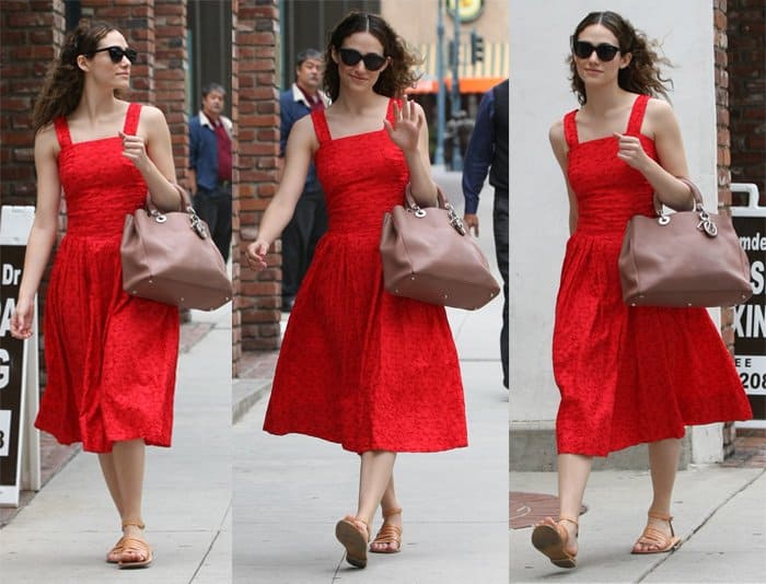 Emmy Rossum running errands in a vibrant red vintage dress