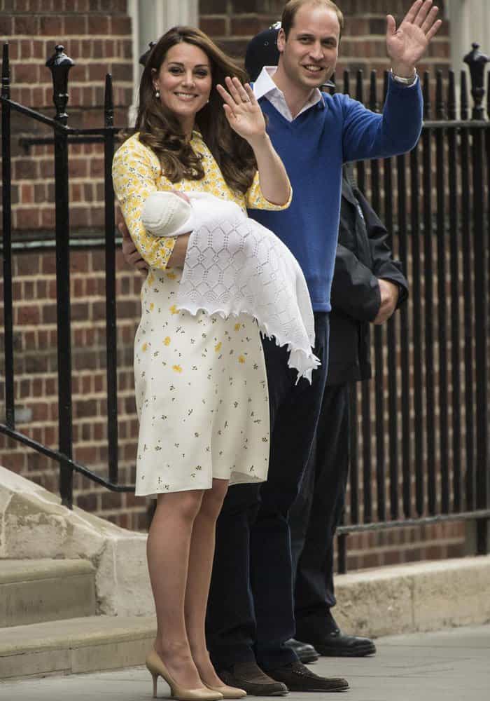 Catherine, Duchess of Cambridge and Prince William, Duke of Cambridge, leave St Mary's hospital with their new baby daughter