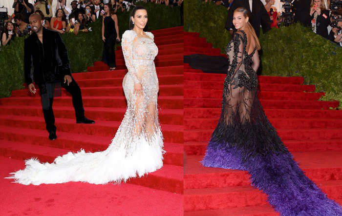 Who Wore It Best? Though years apart, Kim Kardashian wore a similar look to the 2015 Met Gala that Beyonce did in 2012. Kim Kardashian is wearing Peter Dundas' first gown for Roberto Cavalli, while Beyonce wore Givenchy three years before. Kim Kardashian arrives at 'China: Through The Looking Glass' Costume Institute Benefit Gala at the Metropolitan Museum of Art in 2015 Beyonce Knowles arrives at Schiaparelli and Prada 'Impossible Conversations' Costume Institute Gala at The Metropolitan Museum of Art in 2012