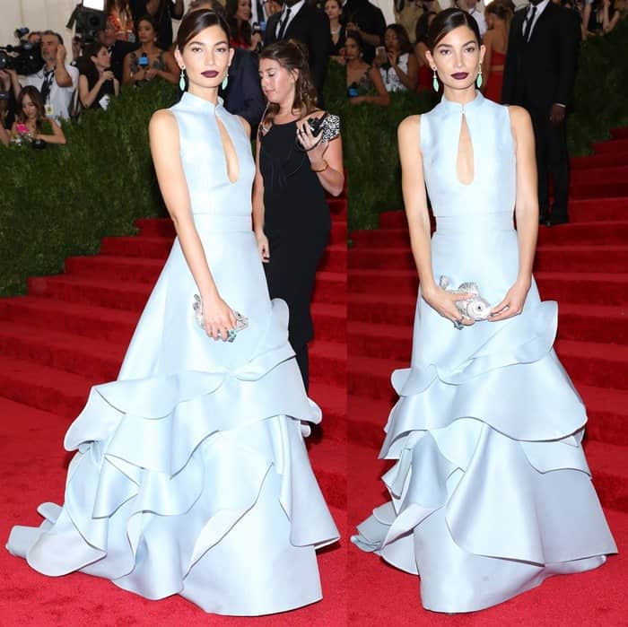 Lily Aldridge in a Carolina Herrera gown and Brian Atwood shoes with a Judith Leiber Couture clutch at the 2015 Met Gala
