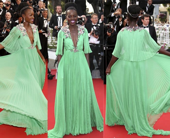 Lupita Nyong'o in a jade-green chiffon plisse gown from Gucci, which was enhanced with embroidered crystals, pink, and blush silk flowers, at the opening ceremony and premiere of 'La Tete Haute ('Standing Tall')