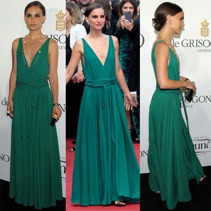 Natalie Portman in a green maxi dress by Lanvin at the De Grisogono Party at the 67th Annual Cannes Film Festival