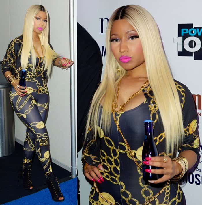 Nicki Minaj turned heads in a striking black jumpsuit adorned with a gold chain pattern that accentuated her cleavage at the Power 105.1's Powerhouse 2013