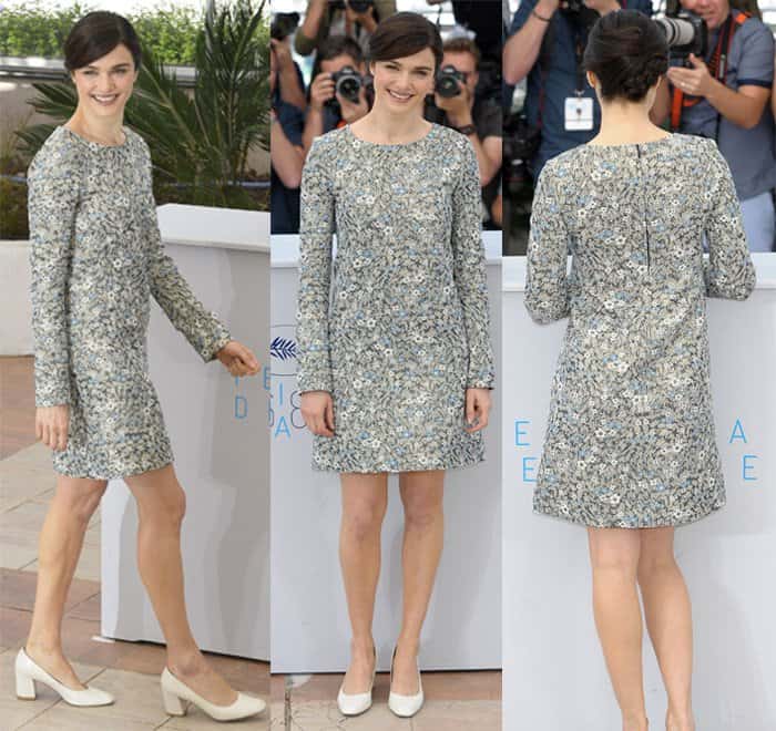 Rachel Weisz opted for a modest look in a long-sleeved floral shift dress at the "Youth" photocall