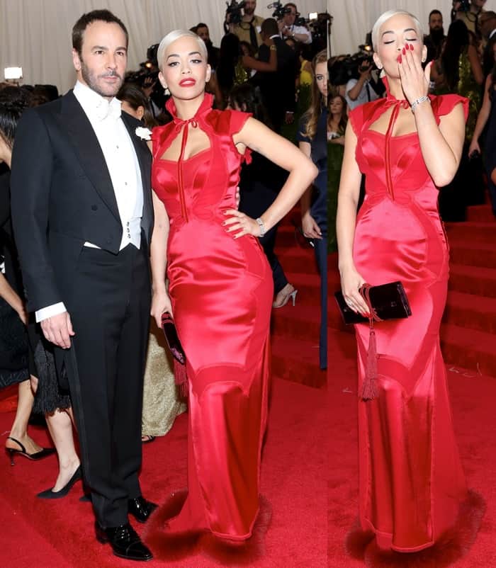 Rita Ora toting a plum clutch adorned with tassels with Tom Ford at the 2015 Met Gala
