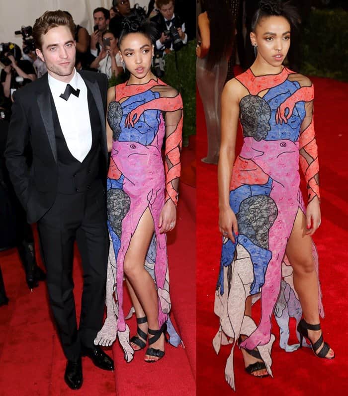 FKA Twigs donning a multicolored gown featuring sketches of body parts by Christopher Kane, while Robert Pattinson looked dapper in a crisp black suit