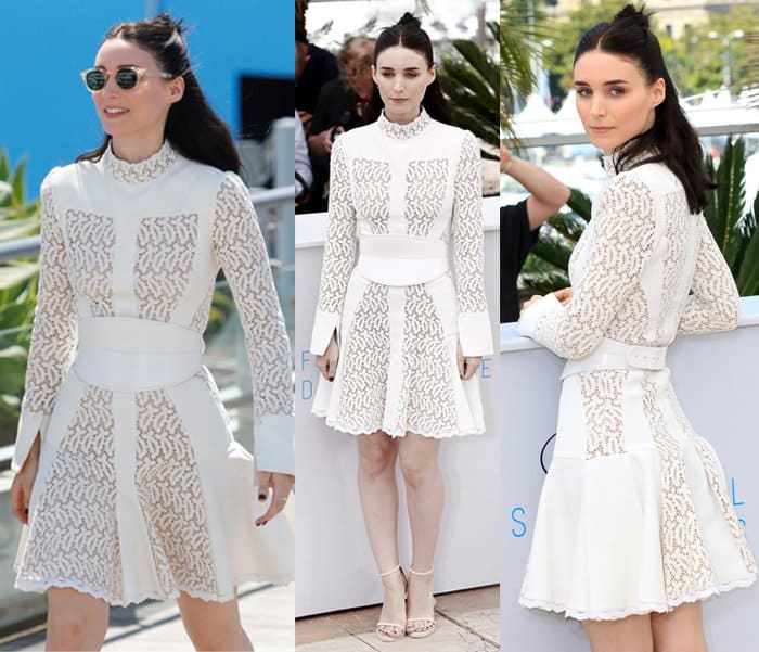 Rooney Mara attended the 'Carol' photocall at the 68th annual Cannes Film Festival, wearing an Alexander McQueen Pre-Fall 2015 ivory broderie anglaise dress with the brand's signature corset belt and Stuart Weitzman 'Nudist' sandals, showcasing an ethereal fairytale charm
