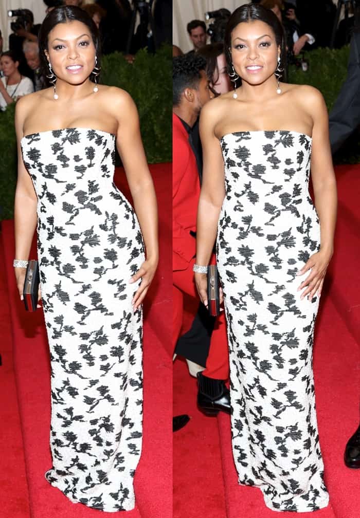 Taraji P. Henson's couture gown, which took 120 hours of workmanship to accomplish, was complemented by Balenciaga earrings and a Fred Leighton bracelet at the 2015 Met Gala