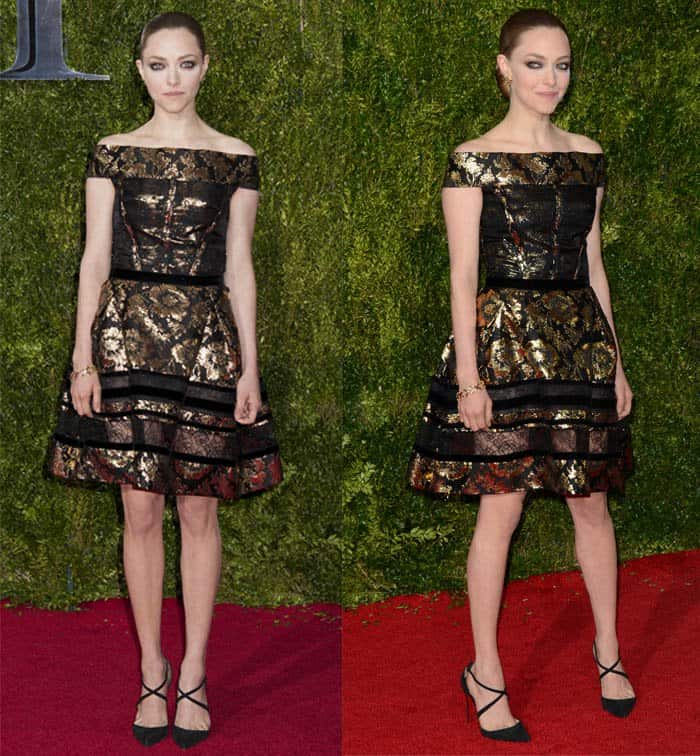 At the 2015 Tony Awards in New York City, Amanda Seyfried sported a Fall 2015 Oscar de la Renta floral jacquard mini dress with off-the-shoulder style and peek-a-boo lace panels that added touches of femininity, complemented by Tiffany & Co. jewelry, Christian Louboutin ‘Maltaise’ pumps, and sultry smoky eye makeup