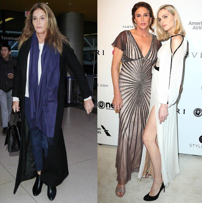 Caitlyn Jenner departs from Los Angeles International Airport and poses with Andreja Pejić at the 25th Annual Elton John AIDS Foundation’s Academy Awards Viewing Party