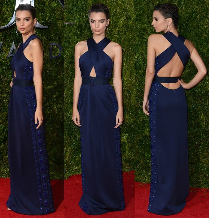 Emily Ratajkowski looks stunning on her 24th birthday at the 2015 Tony Awards in New York, wearing a deep blue floor-length Marc Jacobs gown featuring a halter neckline, beaded embellishments, and a thick fabric belt accentuating her waist