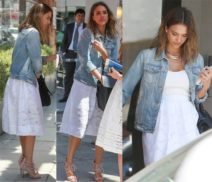 Jessica Alba wears a white dress and denim jacket to hairstylist Jen Atkin's wedding at the Beverly Hills courthouse