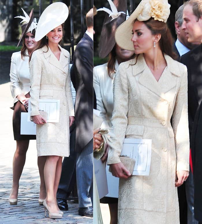 Kate Middleton made a chic and sustainable fashion choice by recycling a stunning light gold/biscuit-colored DAY Birger et Mikkelsen coat at the wedding of Zara Phillips and Mike Tindall