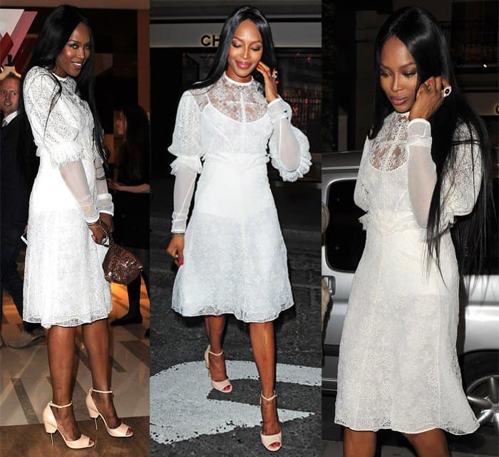 Naomi Campbell flaunts her legs in a white lace dress at the Louis Vuitton Summer Launch Party