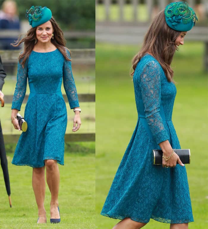 Pippa Middleton carefully avoided upstaging the bride in a pretty teal-blue dress at the wedding of James Meade and Lady Laura Marsham