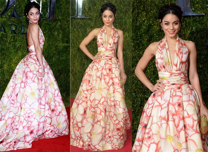 Vanessa Hudgens attended the 2015 Tony Awards in New York City wearing a stunning Naeem Khan Spring 2015 ball gown with a voluminous skirt, statement-making floral print, and elegant evening-ready appeal, accompanied by a gold Rodo clutch and Norman Silverman jewelry