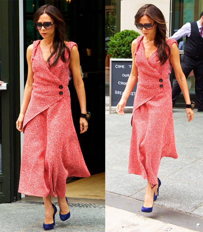 Victoria Beckham was seen wearing a chic tweed wrap dress from her Resort 2016 collection shortly after presenting it in New York City