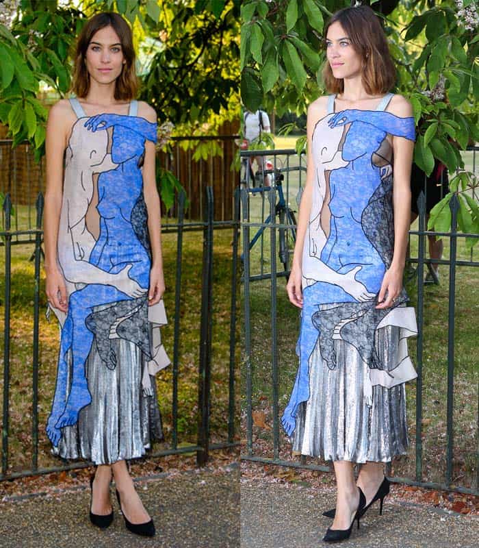 Alexa Chung wearing Christopher Kane's Couples Lovers lace dress with a bag from the same collection and a pair of black pumps