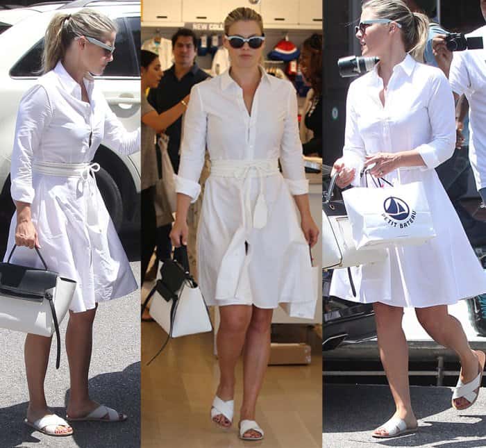 Ali Larter exuded effortless style in a chic white shirt dress that perfectly complemented her choice of a pair of cross-strapped flats while shopping for baby clothes at Petit Bateau