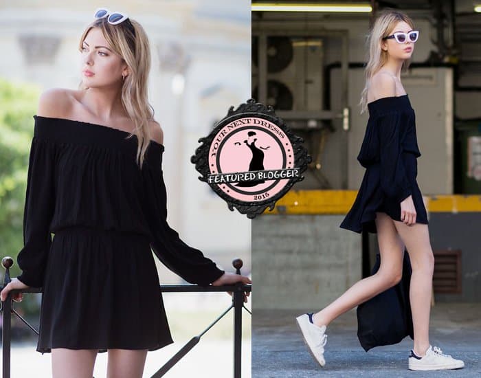 Ebba wears an off-shoulder dress with white sneakers