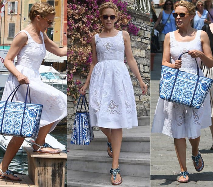 Australian singer Kylie Minogue's attire was an exquisite white sundress that exuded elegance on holiday in Portofino