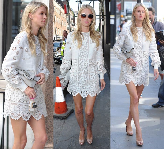 Nicky Hilton in a captivating Valentino linen mini dress adorned with delicate lace, a perfect embodiment of the current season's charm in London