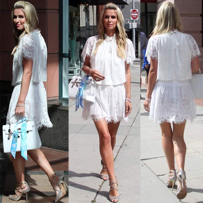 Nicky Hilton in Beverly Hills wearing a short white embroidered summer dress with strappy heels in California