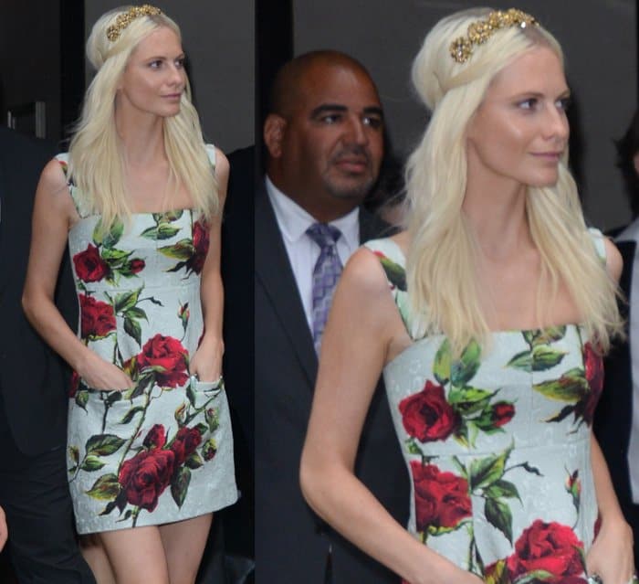 Poppy Delevingne looked regal with a vintage-look crown as she made her way out of her hotel