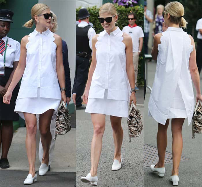 Rosamund Pike exuded elegance and sophistication as she graced Wimbledon in a stunning all-white ensemble