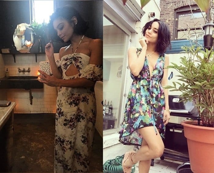 Vanessa Hudgens' bohemian fashion style often features paisley, floral, or suzani prints and flowers in her hair