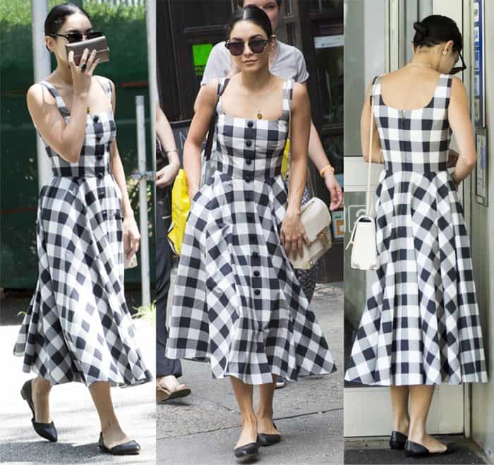 Vanessa Hudgens graces the scene in a mesmerizing Dolce & Gabbana check dress, effortlessly embodying the essence of this season's most beloved fashion trend in New York